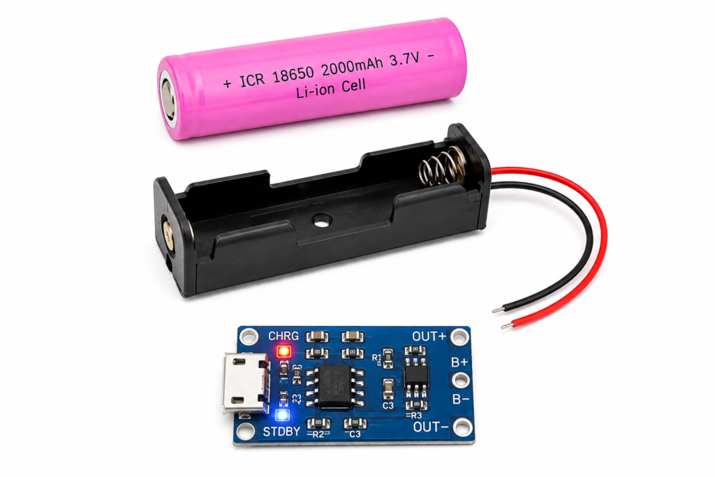 3.7V 2000mAh Li-ion 18650 Battery with Holder & TP4056 1A Charging Module – Micro USB