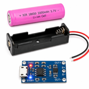 3.7V 2000mAh Li-ion 18650 Battery with Holder & TP4056 1A Charging Module – Micro USB