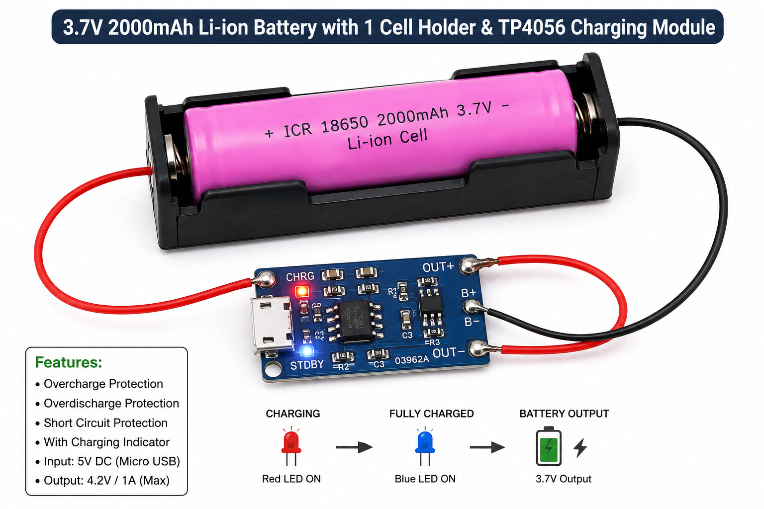 3.7V 2000mAh Li-ion 18650 Battery with Holder & TP4056 1A Charging Module – Micro USB - Image 2