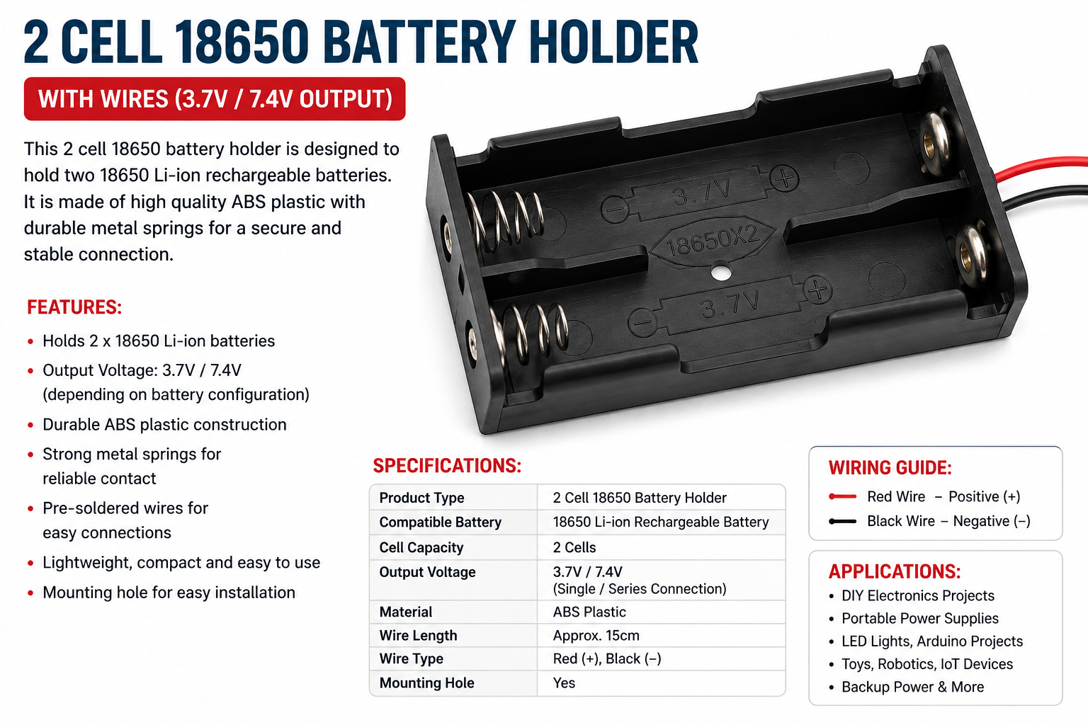2 Cell 18650 Battery Holder with Wires - Image 4