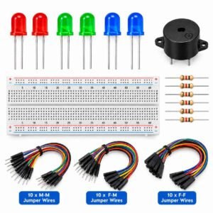 Electronics Starter Kit – 830 Point Breadboard, Jumper Wires, LEDs, Resistors & Buzzer