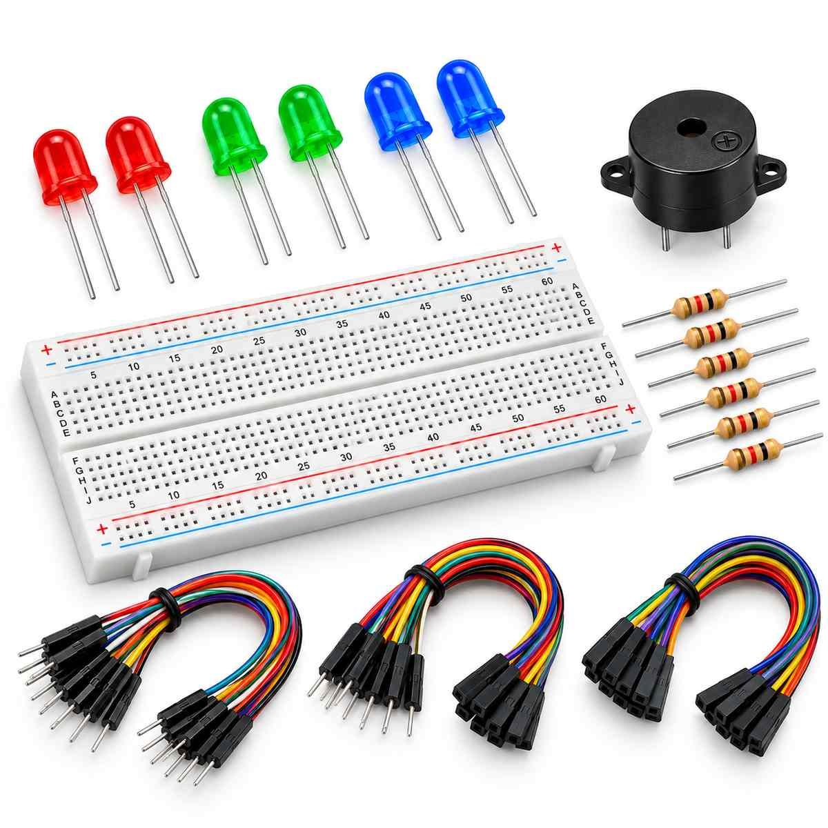 Electronics Starter Kit – 830 Point Breadboard, Jumper Wires, LEDs, Resistors & Buzzer - Image 2