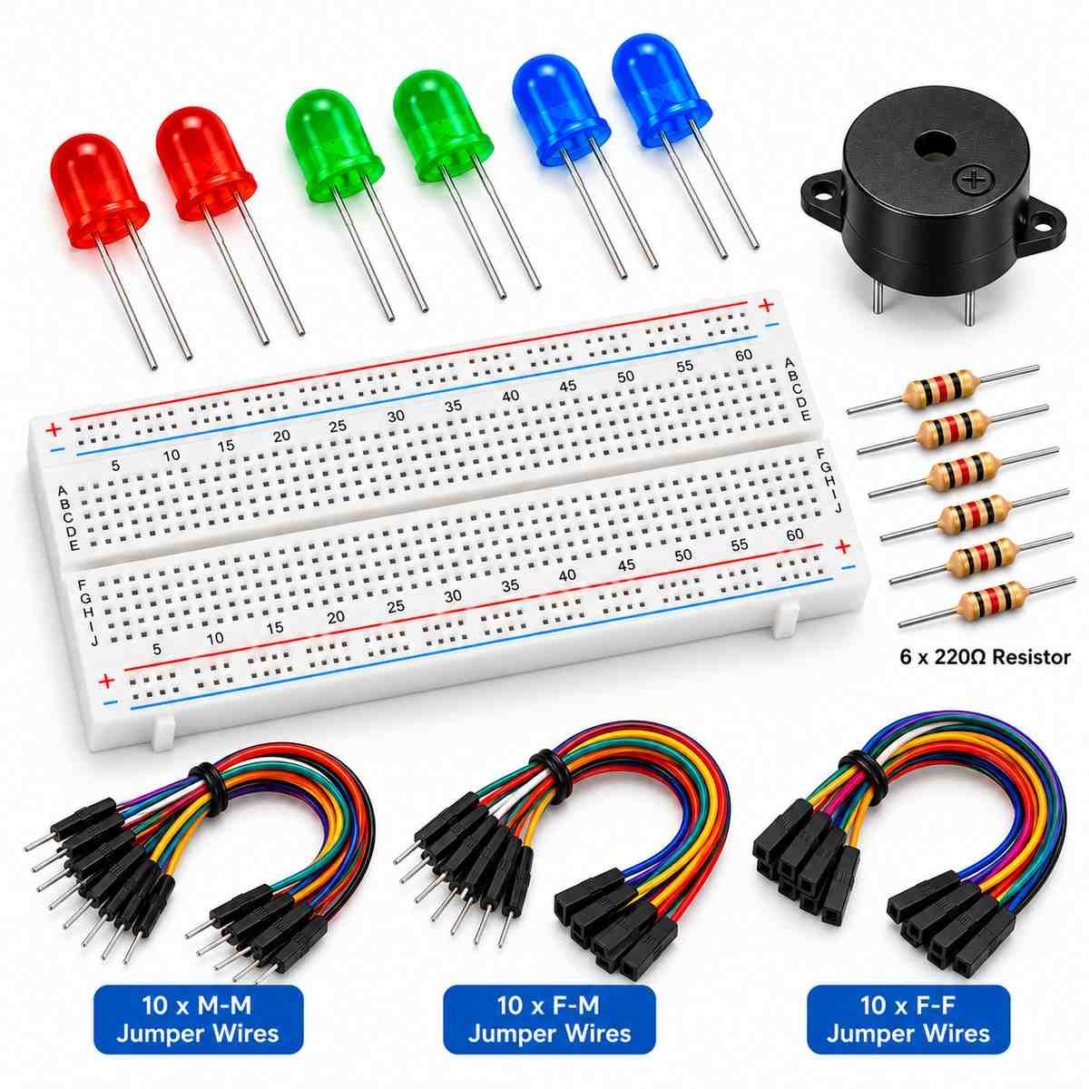 Electronics Starter Kit – 830 Point Breadboard, Jumper Wires, LEDs, Resistors & Buzzer - Image 3
