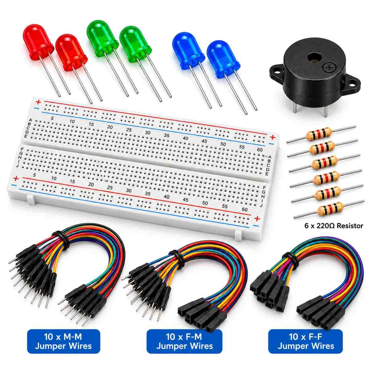 Electronics Starter Kit – 830 Point Breadboard, Jumper Wires, LEDs, Resistors & Buzzer - Image 4