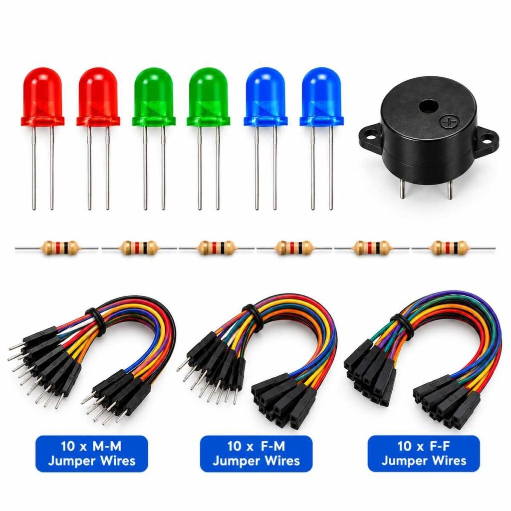 3Electronics Components Kit – LEDs, 220Ω Resistors, Buzzer & Jumper Wires