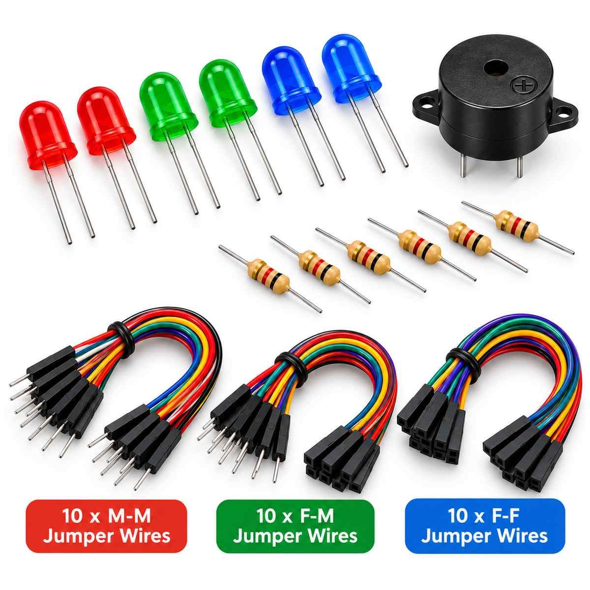 3Electronics Components Kit – LEDs, 220Ω Resistors, Buzzer & Jumper Wires - Image 2