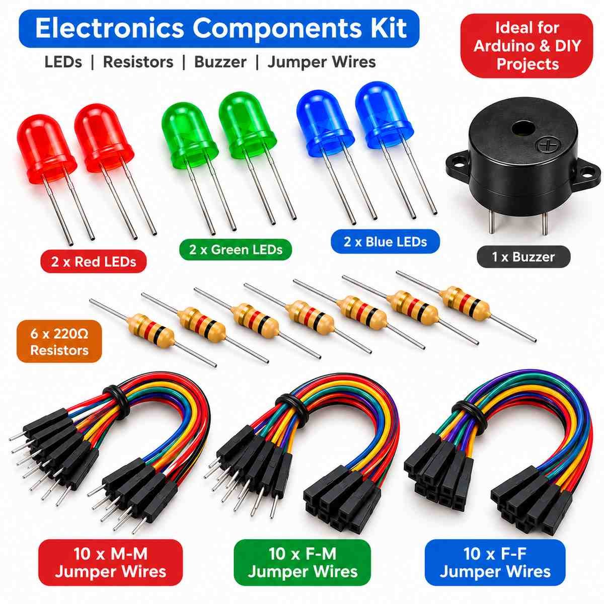 3Electronics Components Kit – LEDs, 220Ω Resistors, Buzzer & Jumper Wires - Image 3