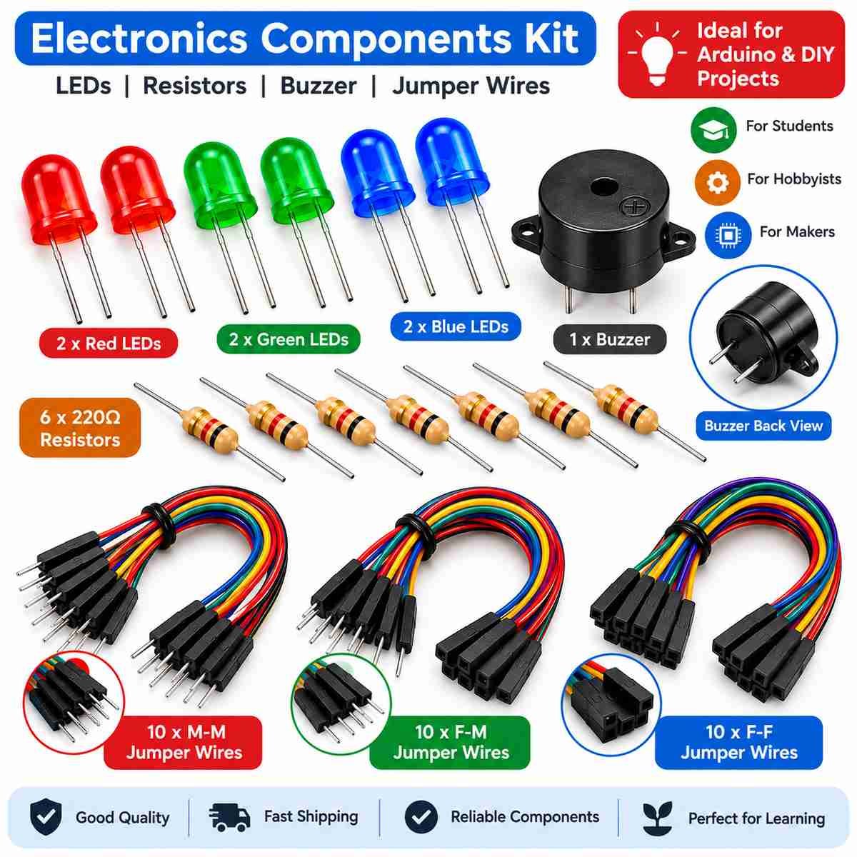 3Electronics Components Kit – LEDs, 220Ω Resistors, Buzzer & Jumper Wires - Image 4