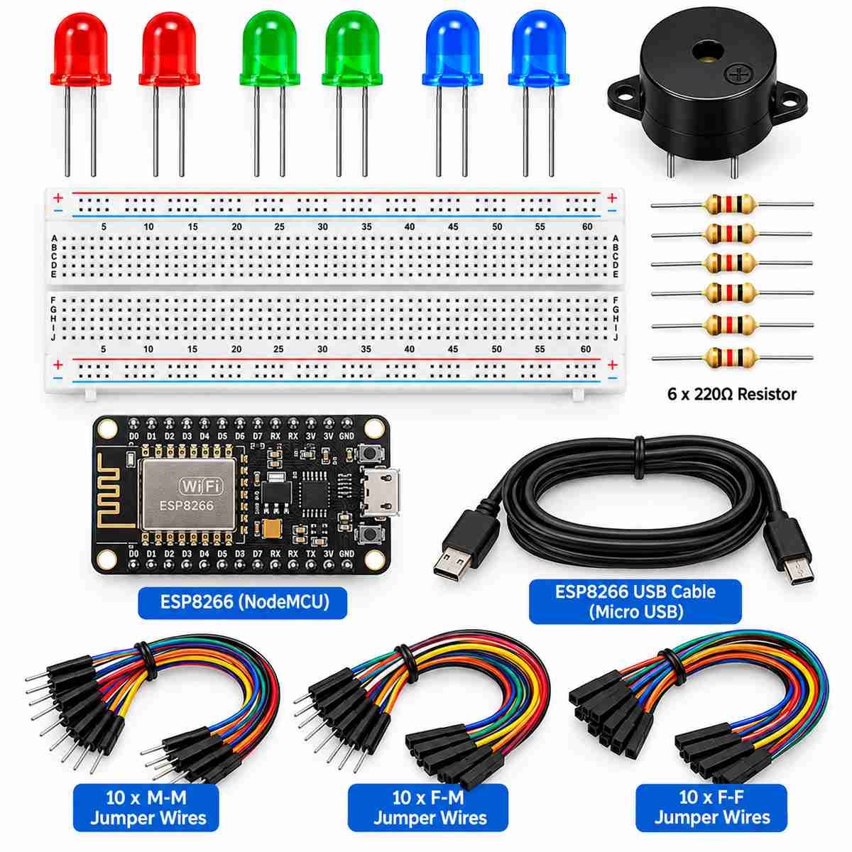 Electronics Starter Kit – ESP8266 NodeMCU, Breadboard, Jumper Wires, LEDs & Resistors - Image 4