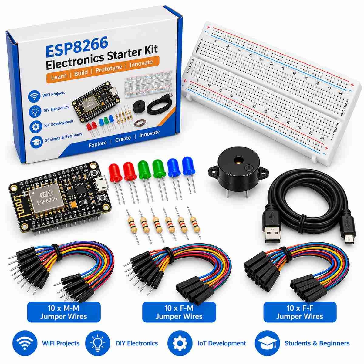 Electronics Starter Kit – ESP8266 NodeMCU, Breadboard, Jumper Wires, LEDs & Resistors - Image 2