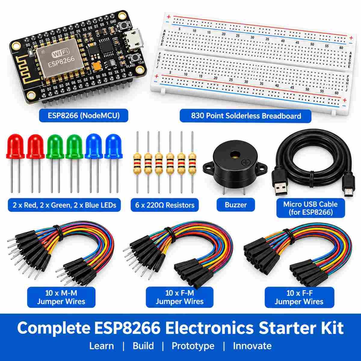 Electronics Starter Kit – ESP8266 NodeMCU, Breadboard, Jumper Wires, LEDs & Resistors - Image 3