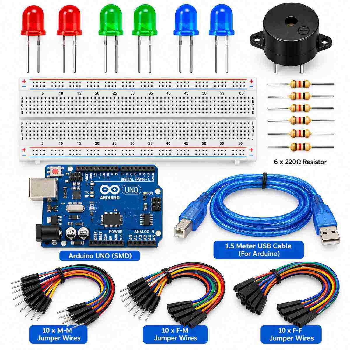 Arduino Electronics Starter Kit – UNO SMD, Breadboard, Jumper Wires, LEDs & Resistors