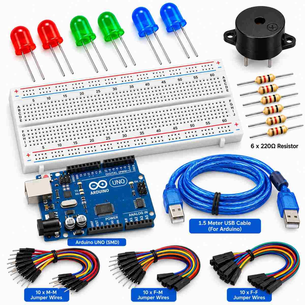 Arduino Electronics Starter Kit – UNO SMD, Breadboard, Jumper Wires, LEDs & Resistors - Image 5