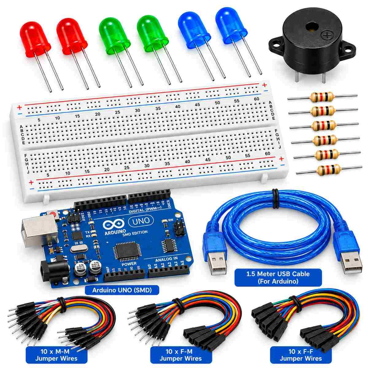 Arduino Electronics Starter Kit – UNO SMD, Breadboard, Jumper Wires, LEDs & Resistors - Image 4