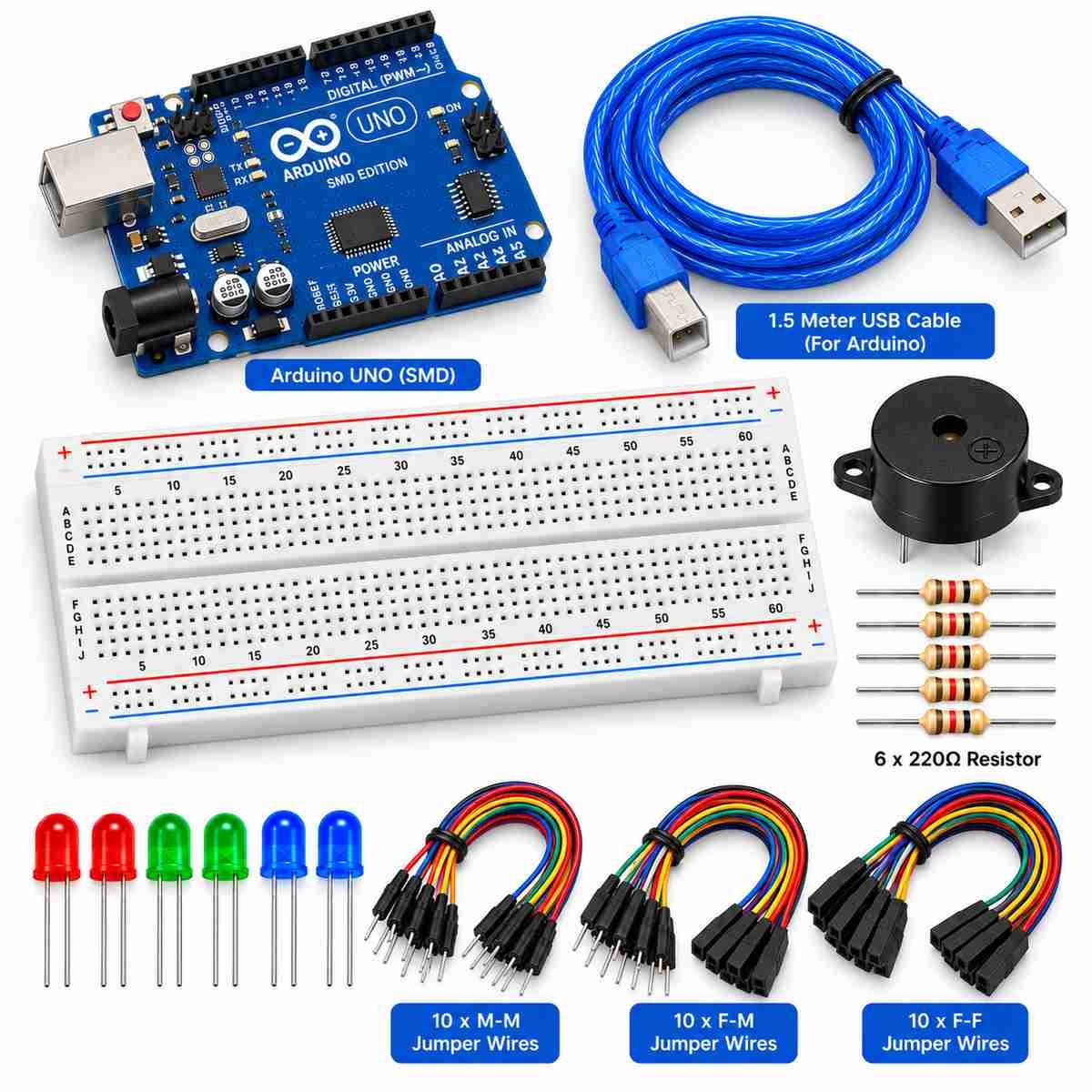Arduino Electronics Starter Kit – UNO SMD, Breadboard, Jumper Wires, LEDs & Resistors - Image 3