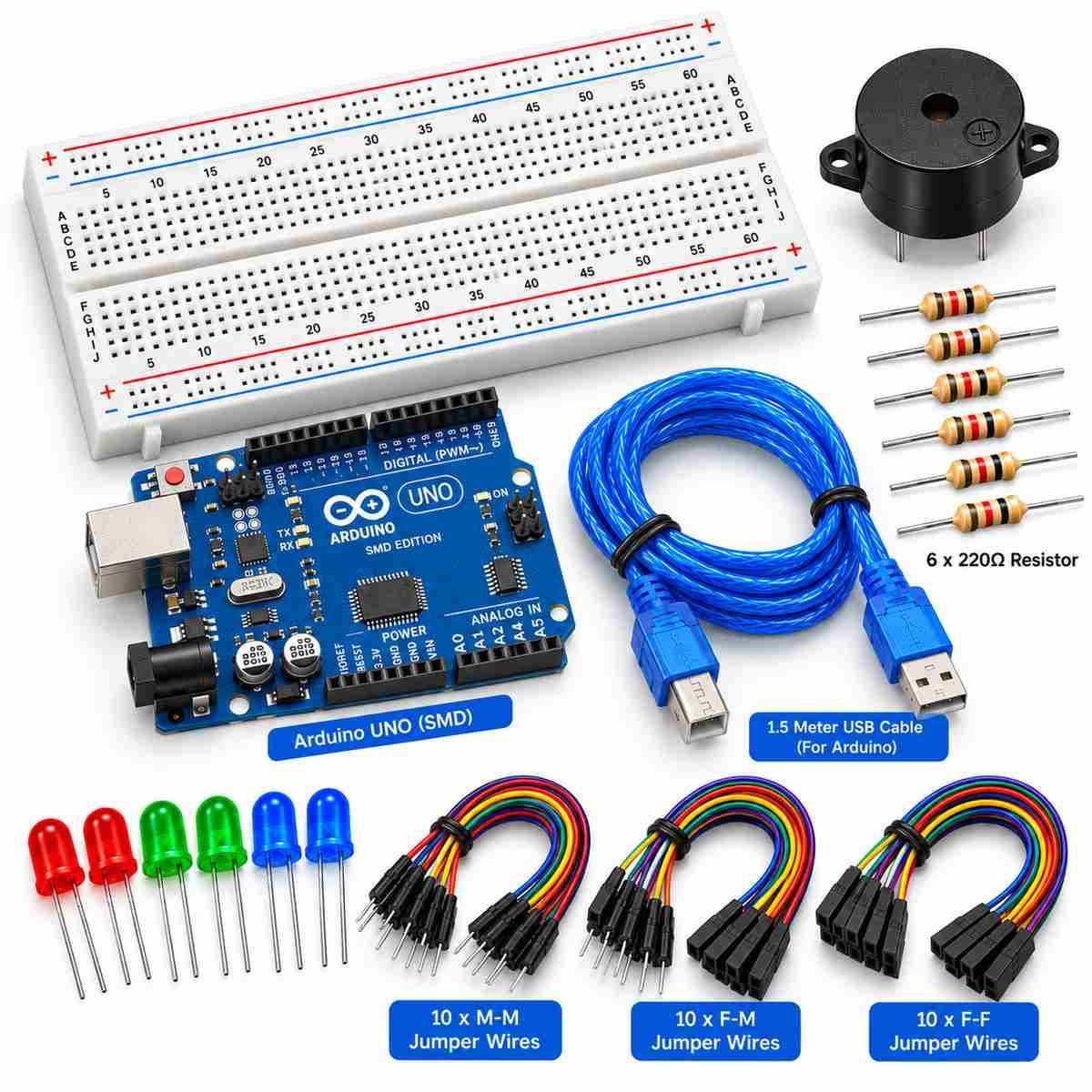 Arduino Electronics Starter Kit – UNO SMD, Breadboard, Jumper Wires, LEDs & Resistors - Image 2